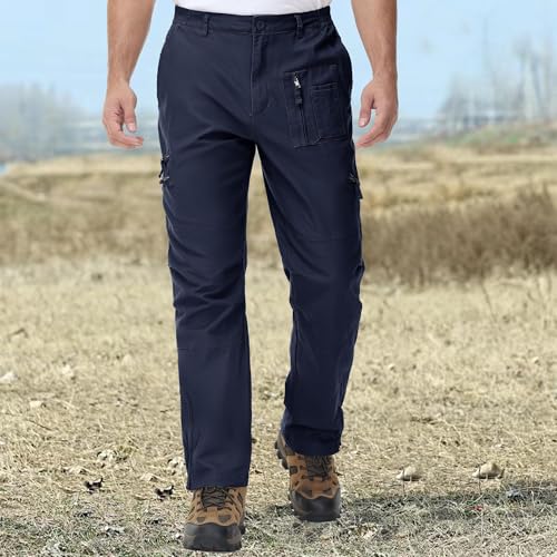 CRYSULLY Mens Cargo Pants Hiking 9 Pockets Cotton Combat Work Safari Ripstop Construction Pant with Zipper Navy Blue 32 - Image 2