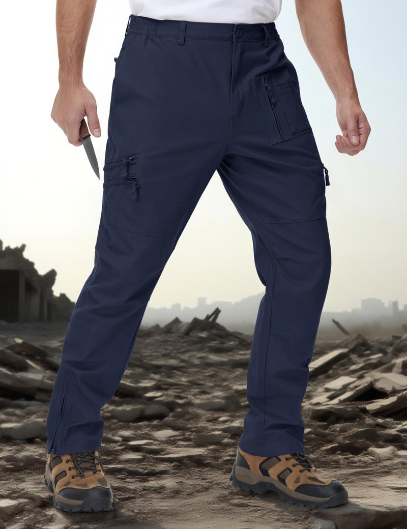 CRYSULLY Mens Cargo Pants Hiking 9 Pockets Cotton Combat Work Safari Ripstop Construction Pant with Zipper Navy Blue 32 - Image 3