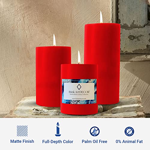 ThinkArtDecor Unscented Pillar Candles Set of 3 | 55, 70, 90 Hrs | 3, 4, 6 inches Smokeless & Dripless Wax Candles for Home Decor | Red - Image 4