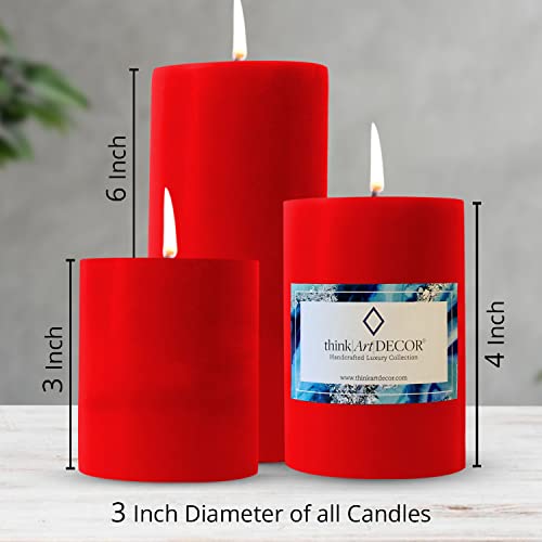 ThinkArtDecor Unscented Pillar Candles Set of 3 | 55, 70, 90 Hrs | 3, 4, 6 inches Smokeless & Dripless Wax Candles for Home Decor | Red - Image 2