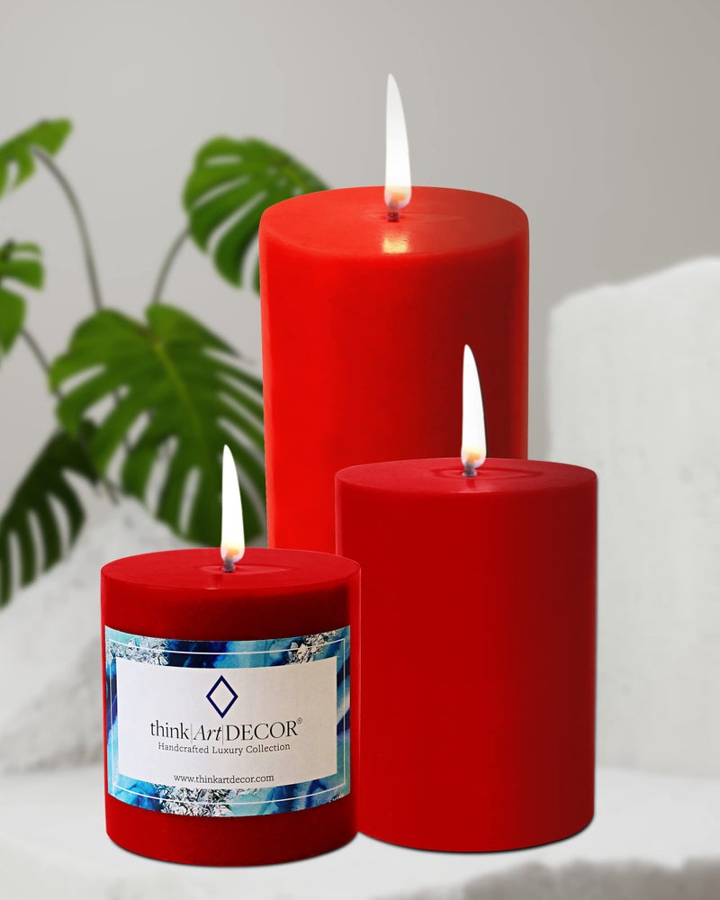 ThinkArtDecor Unscented Pillar Candles Set of 3 | 55, 70, 90 Hrs | 3, 4, 6 inches Smokeless & Dripless Wax Candles for Home Decor | Red - Image 1