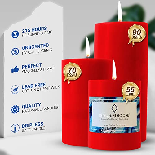 ThinkArtDecor Unscented Pillar Candles Set of 3 | 55, 70, 90 Hrs | 3, 4, 6 inches Smokeless & Dripless Wax Candles for Home Decor | Red - Image 3