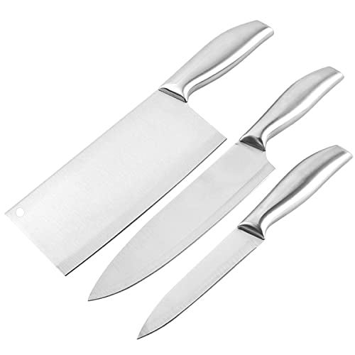 HEXONIQ® Kitchen Knife Set, 9" Paring, 12" Chef, 11.2" Cleaver High Carbon Stainless Steel Ultra Sharp Cooking Knife with Ergonomic Non-Slip Handle, Rustproof, Scratch Resistant, Silver, Pack of 3 - Image 1