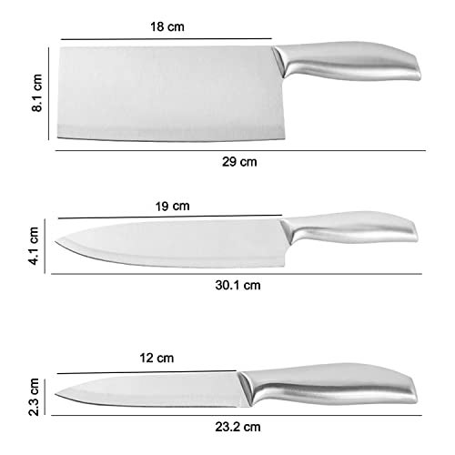 HEXONIQ® Kitchen Knife Set, 9" Paring, 12" Chef, 11.2" Cleaver High Carbon Stainless Steel Ultra Sharp Cooking Knife with Ergonomic Non-Slip Handle, Rustproof, Scratch Resistant, Silver, Pack of 3 - Image 2