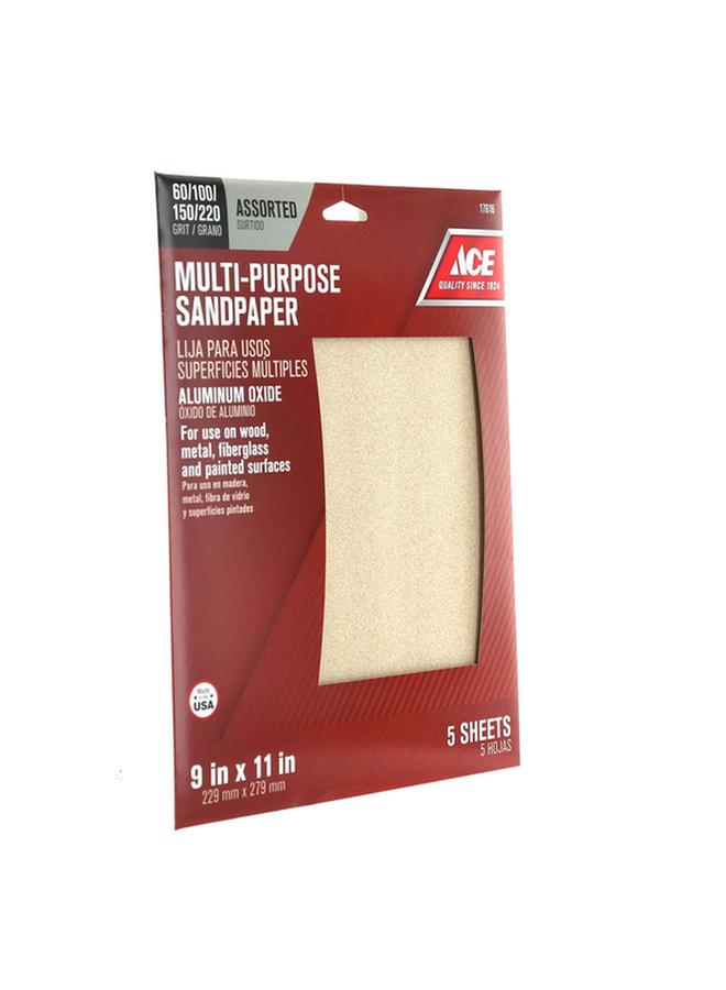 ACE 5-Piece Multi-purpose Flexible Assorted Grit Aluminium Oxide Sandpaper Beige 9 x 11inch 17616 - Image 2