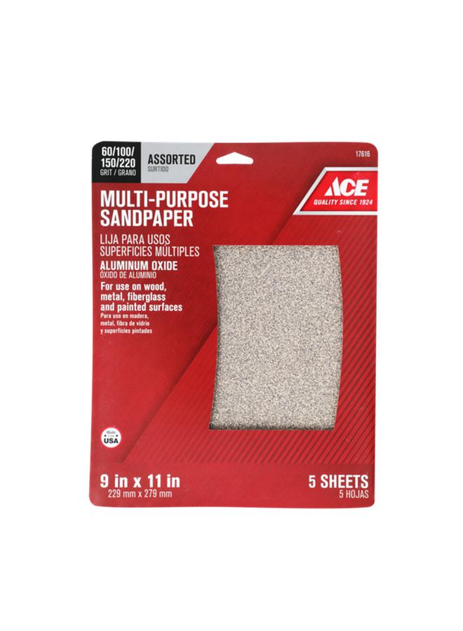 ACE 5-Piece Multi-purpose Flexible Assorted Grit Aluminium Oxide Sandpaper Beige 9 x 11inch 17616 - Image 1