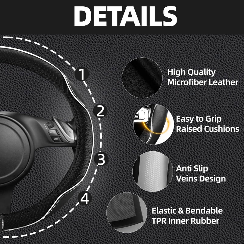 NBTEPEM 6 PCS Car Steering Wheel Cover Set, Microfiber Leather Steering Wheel Covers Universal 14.5-15 inch, Center Console Cover, Seat Belt Cushion, Cup Holder Coaster, Car Accessories Set White - Image 3