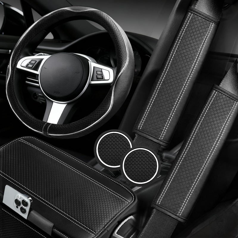 NBTEPEM 6 PCS Car Steering Wheel Cover Set, Microfiber Leather Steering Wheel Covers Universal 14.5-15 inch, Center Console Cover, Seat Belt Cushion, Cup Holder Coaster, Car Accessories Set White - Image 1