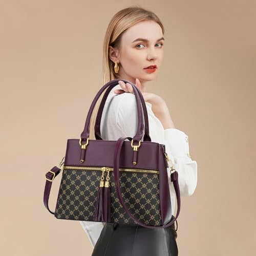KKXIU Women Satchel Bags Handle Shoulder Handbags and Purses Pockets Zipper Leather Crossbody Bags (X-Wine Flower Pattern) - Image 2
