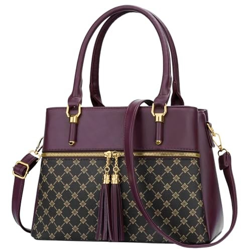KKXIU Women Satchel Bags Handle Shoulder Handbags and Purses Pockets Zipper Leather Crossbody Bags (X-Wine Flower Pattern) - Image 1
