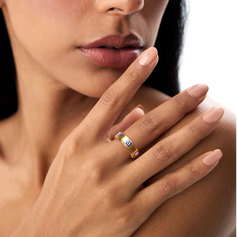 LuckyAmor Evil Eye Fidget Ring for Women - 18K Gold Plated Stainless Steel Spinner Rings for Anxiety Relief, Ojo Turco Ring Luck Amulet, Turkish Faith Protection Stackable Jewelry Gift for Women Men (Gold, 7) - Image 2