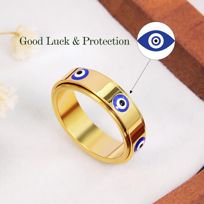 LuckyAmor Evil Eye Fidget Ring for Women - 18K Gold Plated Stainless Steel Spinner Rings for Anxiety Relief, Ojo Turco Ring Luck Amulet, Turkish Faith Protection Stackable Jewelry Gift for Women Men (Gold, 7) - Image 4