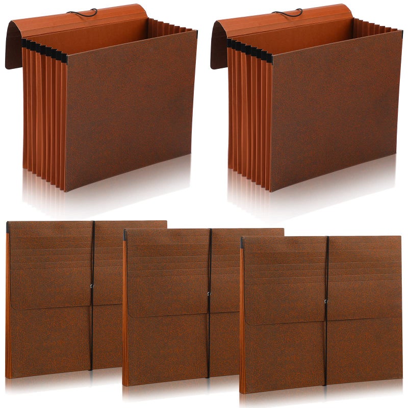 PerKoop 5 Pcs Expanding File Folder with Flap 7 Inch Expansion Expanding File Wallet with Elastic Cord Closure Letter Size Heavy Duty Document Organizer 10 Slots Brown