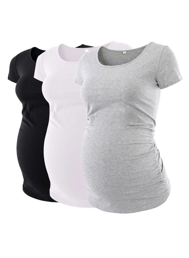 Liu & Qu Womens Maternity Tops Short Sleeve Round Neck Pregnancy Shirts 3 Packs, Black/White/Grey, L - Image 1