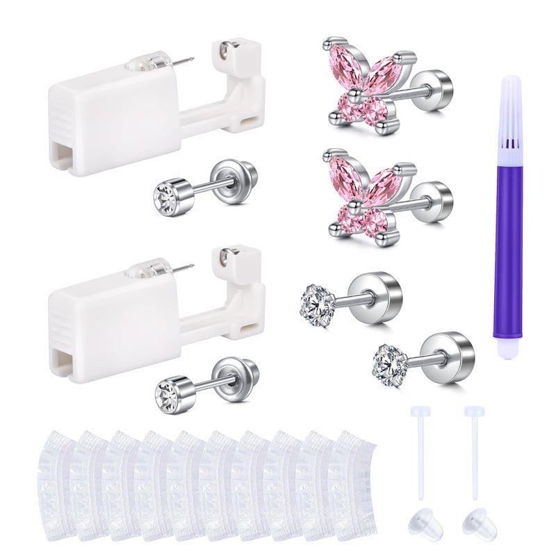 AVYRING Ear Piercing Kit, Ear Piercing Gun with Zircon Earrings Studs, Disposable Ear Piercing Kit, Hypoallergenic Ear Piercing Gun Kit Self at Home, 20g Flat Back Ear Piercing Earrings Butterfly - Image 1