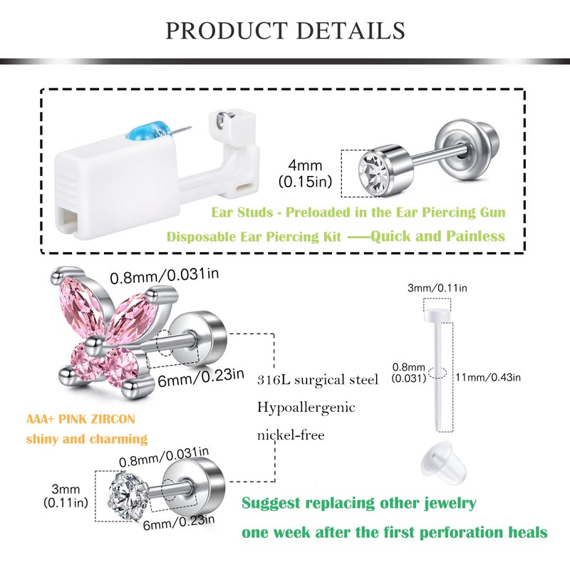 AVYRING Ear Piercing Kit, Ear Piercing Gun with Zircon Earrings Studs, Disposable Ear Piercing Kit, Hypoallergenic Ear Piercing Gun Kit Self at Home, 20g Flat Back Ear Piercing Earrings Butterfly - Image 2