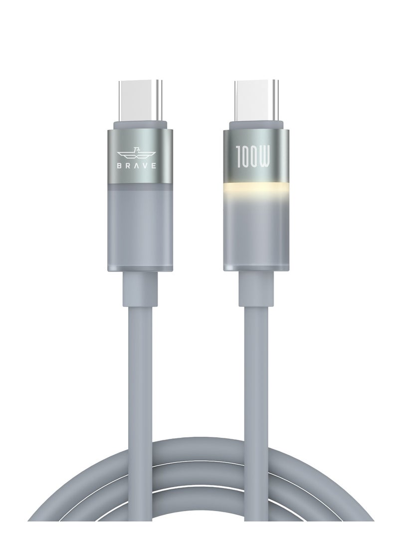 Brave 100W USB-C to USB-C Fast Charging Cable with LED Light – PD Turbo Charge, Smart E-Marker Chip, 480Mbps Data Transfer, Ultra-Durable Soft Silicone Design – Compatible with iPhone Air, iPhone 17 / 17 Pro / 17 Pro Max, iPhone 16 & 15 Series, iPad Pro/Air, MacBook Air/Pro, Samsung Galaxy S25/S24/S23 Ultra, Google Pixel, Dell XPS, HP Spectre, Lenovo ThinkPad, Surface Laptop, Chromebook & All USB-C Devices – Type-C Fast Charge Cable for Phones, Tablets & Laptops - Image 1