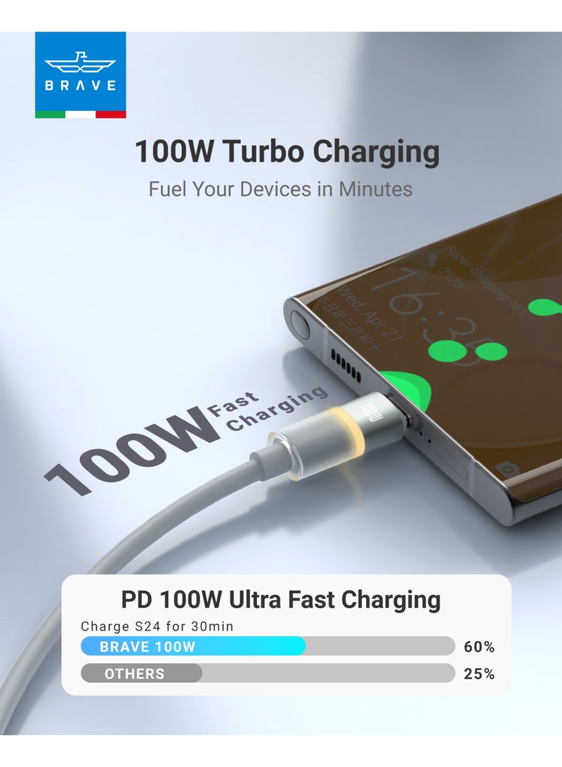 Brave 100W USB-C to USB-C Fast Charging Cable with LED Light – PD Turbo Charge, Smart E-Marker Chip, 480Mbps Data Transfer, Ultra-Durable Soft Silicone Design – Compatible with iPhone Air, iPhone 17 / 17 Pro / 17 Pro Max, iPhone 16 & 15 Series, iPad Pro/Air, MacBook Air/Pro, Samsung Galaxy S25/S24/S23 Ultra, Google Pixel, Dell XPS, HP Spectre, Lenovo ThinkPad, Surface Laptop, Chromebook & All USB-C Devices – Type-C Fast Charge Cable for Phones, Tablets & Laptops - Image 2