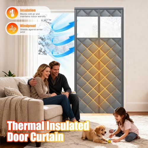Deekypol Magnetic Thermal Insulated Door Curtain with Transparent Window Insulated Door Cover Upgraded Oxford Filled with Thicken Cotton Thermal Insulated Curtains for Winter Waterproof and Windproof, Grey - Image 2