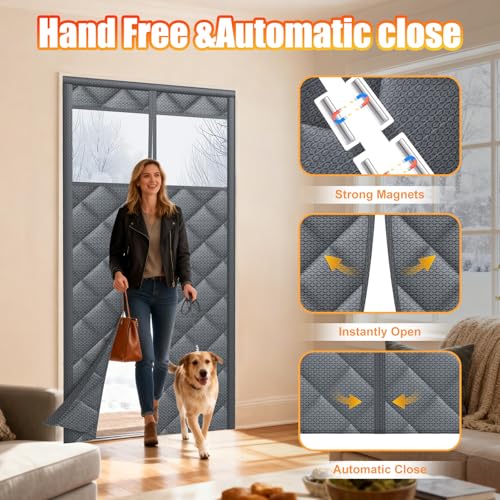 Deekypol Magnetic Thermal Insulated Door Curtain with Transparent Window Insulated Door Cover Upgraded Oxford Filled with Thicken Cotton Thermal Insulated Curtains for Winter Waterproof and Windproof, Grey - Image 4