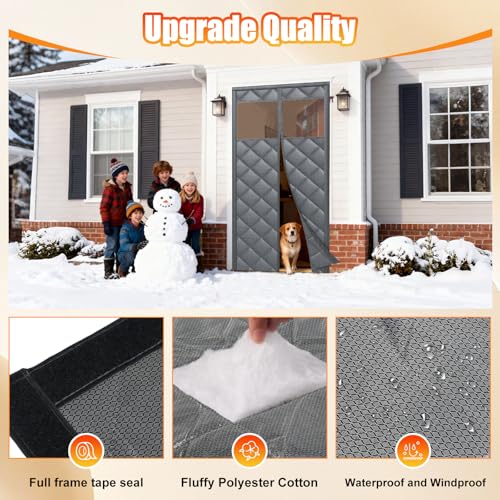 Deekypol Magnetic Thermal Insulated Door Curtain with Transparent Window Insulated Door Cover Upgraded Oxford Filled with Thicken Cotton Thermal Insulated Curtains for Winter Waterproof and Windproof, Grey - Image 5