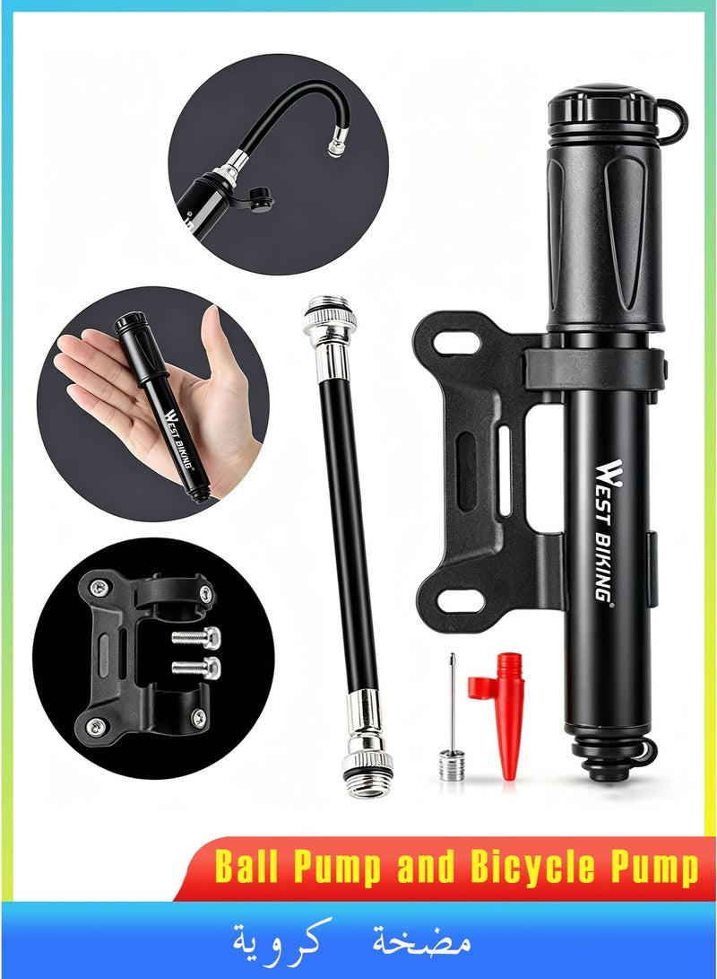 WEST BIKING Mini Bike Pump, High Pressure Bicycle Pump Aluminum Alloy, Portable Tire Pump for Presta and Schrader Valves, 100 PSI Frame Mount Air Pump for Road Mountain BMX Bikes, Ball Inflator Pump for Sports, Black - Image 1