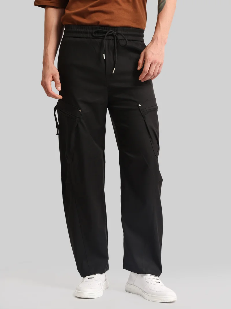 مانياك Maniac Mens Solid Pattern Black Canvas fabric Baggy Trackpant