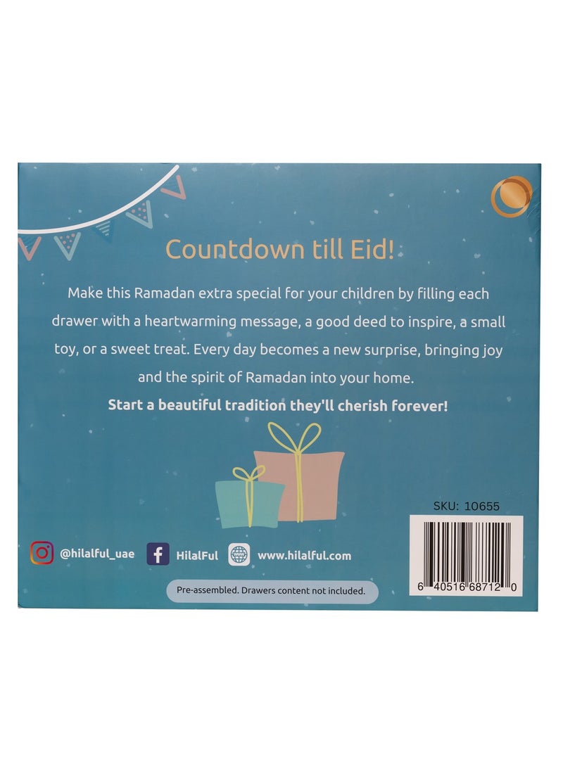 Hilalful - HilalFul Themed Ramadan Countdown Calendar Box - English | Cardboard Made | 30 Drawers | Fill Pocket with Toys, Treats | For Kids, Children Above Age 3+ Years | Reusable & Eco-friendly - Image 1