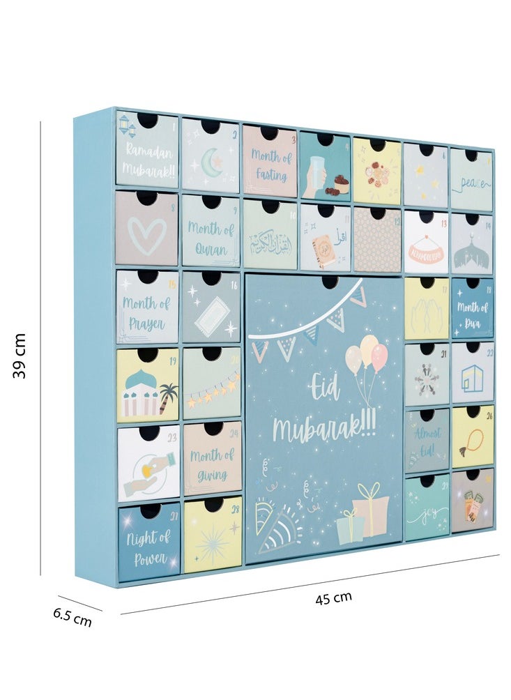 Hilalful - HilalFul Themed Ramadan Countdown Calendar Box - English | Cardboard Made | 30 Drawers | Fill Pocket with Toys, Treats | For Kids, Children Above Age 3+ Years | Reusable & Eco-friendly - Image 1