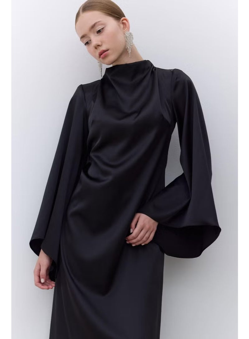 Manuka Satin Wide Sleeve Evening Dress Black - Image 4