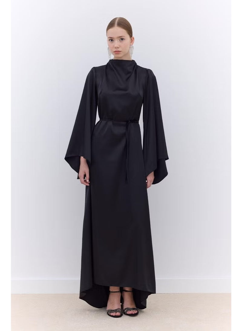 Manuka Satin Wide Sleeve Evening Dress Black - Image 3