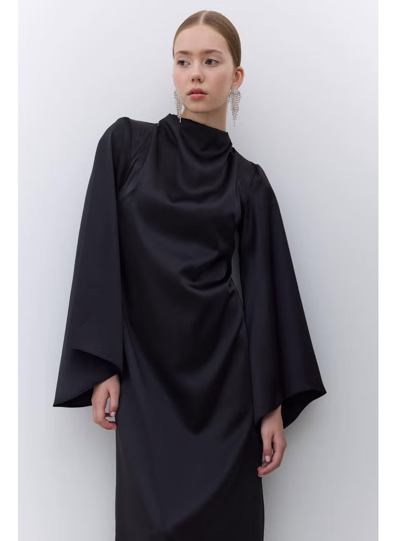 Manuka Satin Wide Sleeve Evening Dress Black - Image 1