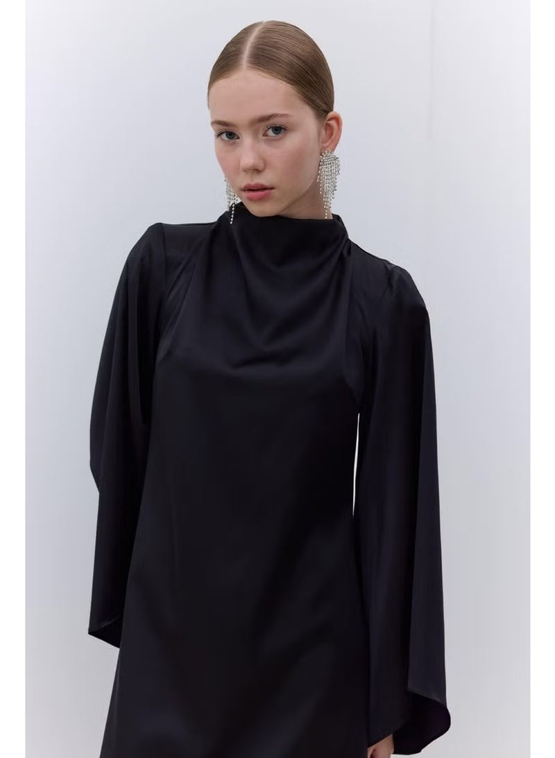 Manuka Satin Wide Sleeve Evening Dress Black - Image 2