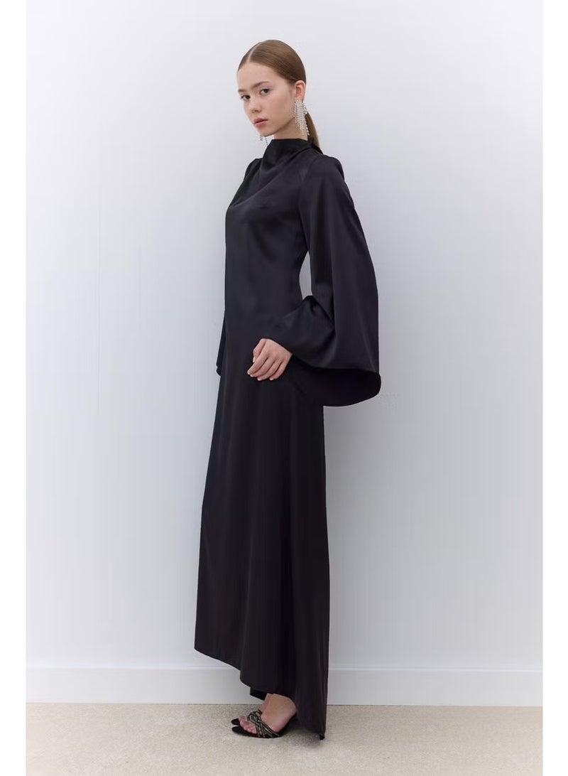 Manuka Satin Wide Sleeve Evening Dress Black - Image 5