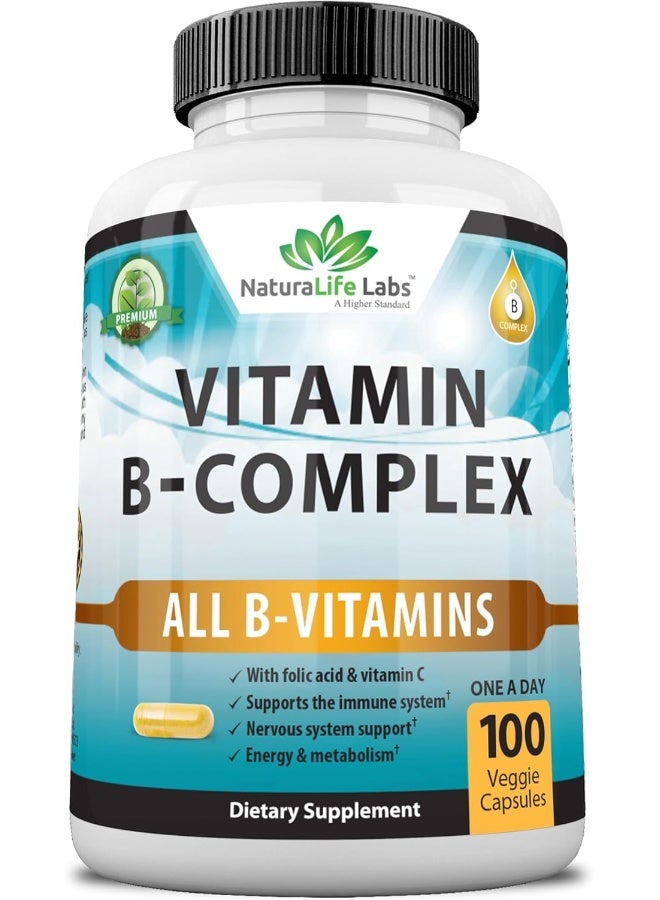 NaturaLife Labs Vitamin B Complex With Vitamin C And Folic Acid - B12, B1, B2, B3, Vitamin B5 Pantothenic Acid, B6, B7, B9 - Nervous System Support & Supports Energy Metabolism Non-Gmo- 100 Veggie Capsules - Image 1