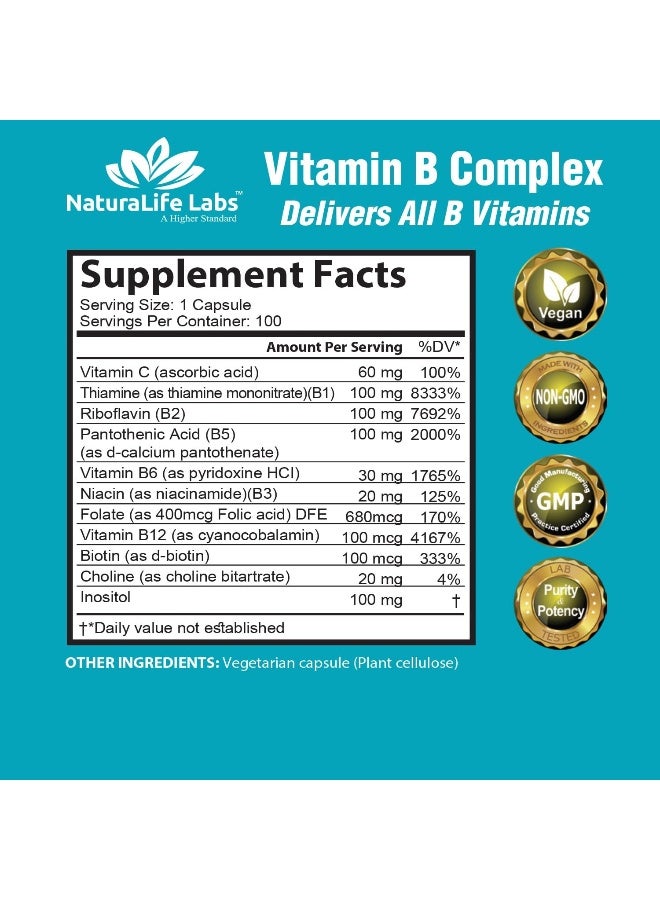 NaturaLife Labs Vitamin B Complex With Vitamin C And Folic Acid - B12, B1, B2, B3, Vitamin B5 Pantothenic Acid, B6, B7, B9 - Nervous System Support & Supports Energy Metabolism Non-Gmo- 100 Veggie Capsules - Image 3