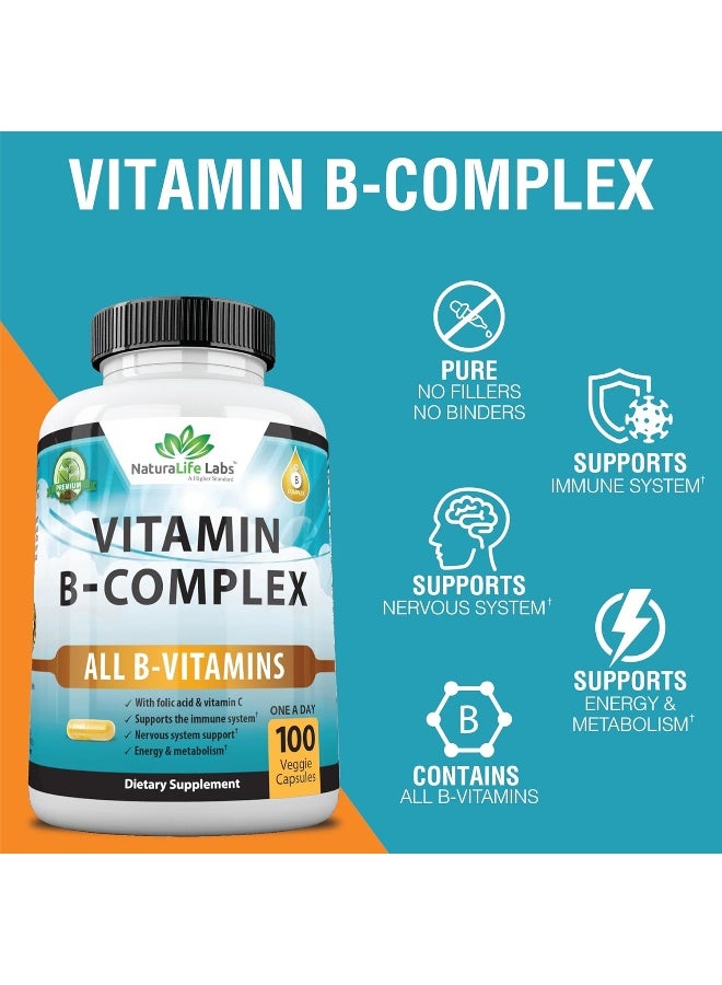 NaturaLife Labs Vitamin B Complex With Vitamin C And Folic Acid - B12, B1, B2, B3, Vitamin B5 Pantothenic Acid, B6, B7, B9 - Nervous System Support & Supports Energy Metabolism Non-Gmo- 100 Veggie Capsules - Image 2