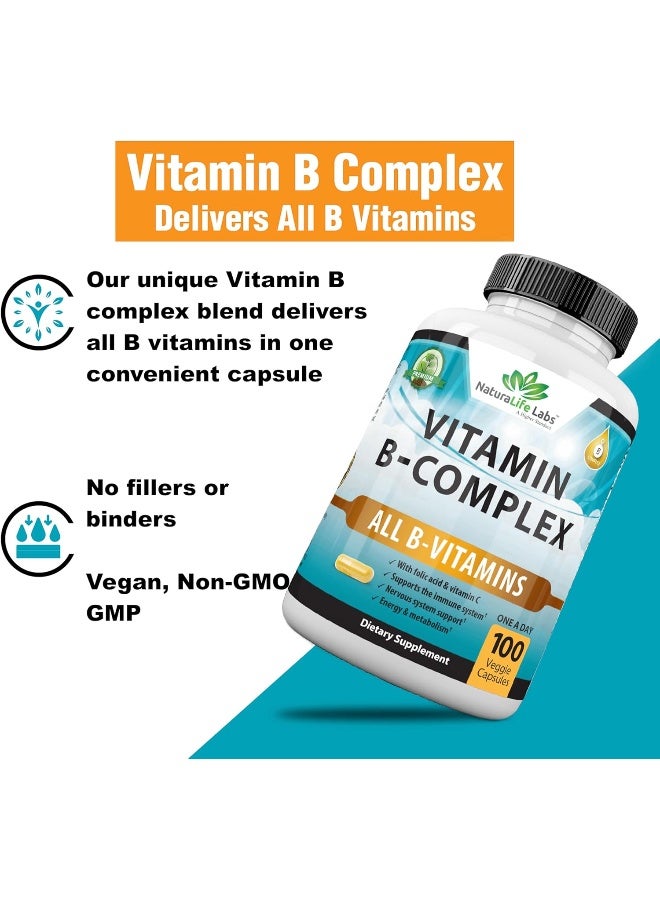 NaturaLife Labs Vitamin B Complex With Vitamin C And Folic Acid - B12, B1, B2, B3, Vitamin B5 Pantothenic Acid, B6, B7, B9 - Nervous System Support & Supports Energy Metabolism Non-Gmo- 100 Veggie Capsules - Image 4