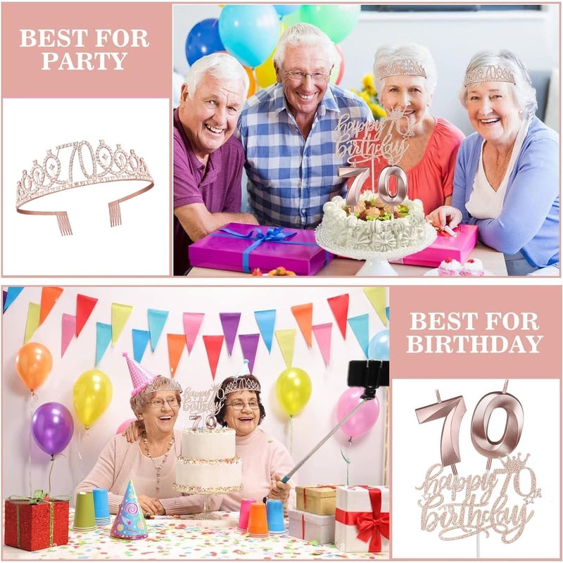 Juesly 70th Birthday Decorations for Women, Including Sash, Crown/Tiara, Candles, Cake Topper, 70th Birthday Gifts for Women - Image 5