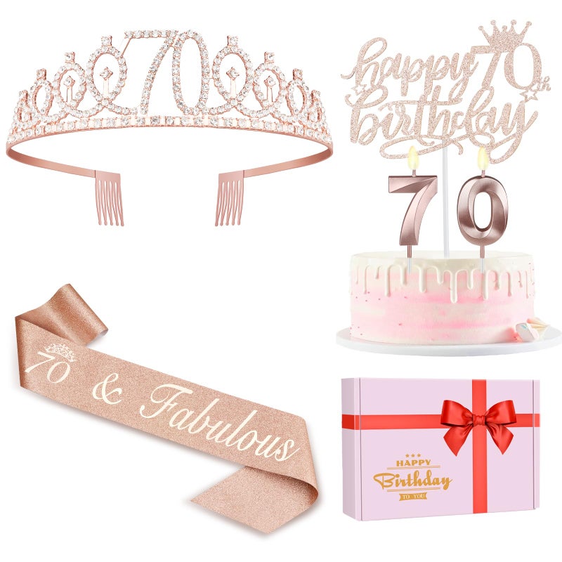 Juesly 70th Birthday Decorations for Women, Including Sash, Crown/Tiara, Candles, Cake Topper, 70th Birthday Gifts for Women - Image 1