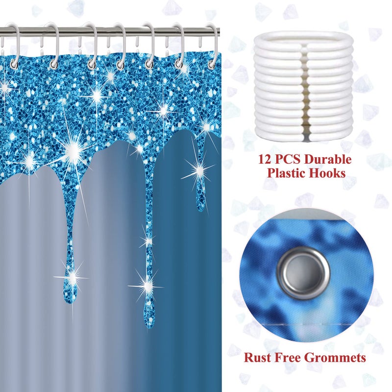 Hadint 4 Pcs Glitter Diamond Shower Curtain Sets, Blue Shiny Drips Bath Decor with Rugs and Toilet Lid Cover, Fresh Color Luxury Texture Elegant Sequin Bling Modern Bathroom Curtain with 12 Hooks, 72 x 72 in - Image 4