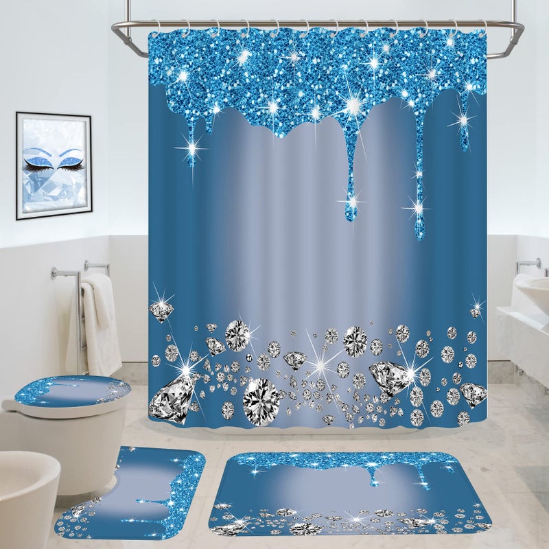 Hadint 4 Pcs Glitter Diamond Shower Curtain Sets, Blue Shiny Drips Bath Decor with Rugs and Toilet Lid Cover, Fresh Color Luxury Texture Elegant Sequin Bling Modern Bathroom Curtain with 12 Hooks, 72 x 72 in - Image 1