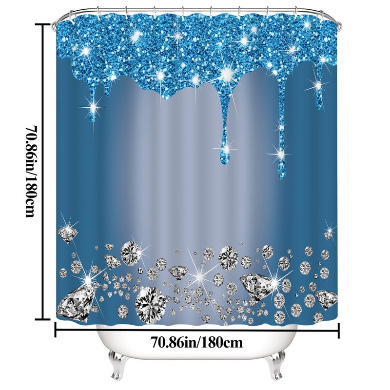 Hadint 4 Pcs Glitter Diamond Shower Curtain Sets, Blue Shiny Drips Bath Decor with Rugs and Toilet Lid Cover, Fresh Color Luxury Texture Elegant Sequin Bling Modern Bathroom Curtain with 12 Hooks, 72 x 72 in - Image 2