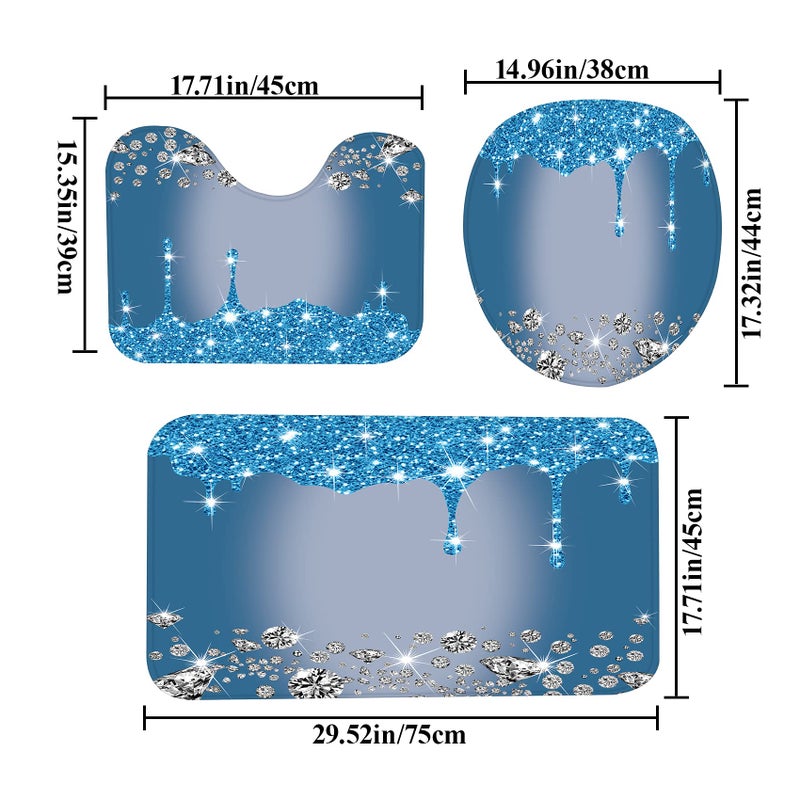 Hadint 4 Pcs Glitter Diamond Shower Curtain Sets, Blue Shiny Drips Bath Decor with Rugs and Toilet Lid Cover, Fresh Color Luxury Texture Elegant Sequin Bling Modern Bathroom Curtain with 12 Hooks, 72 x 72 in - Image 3