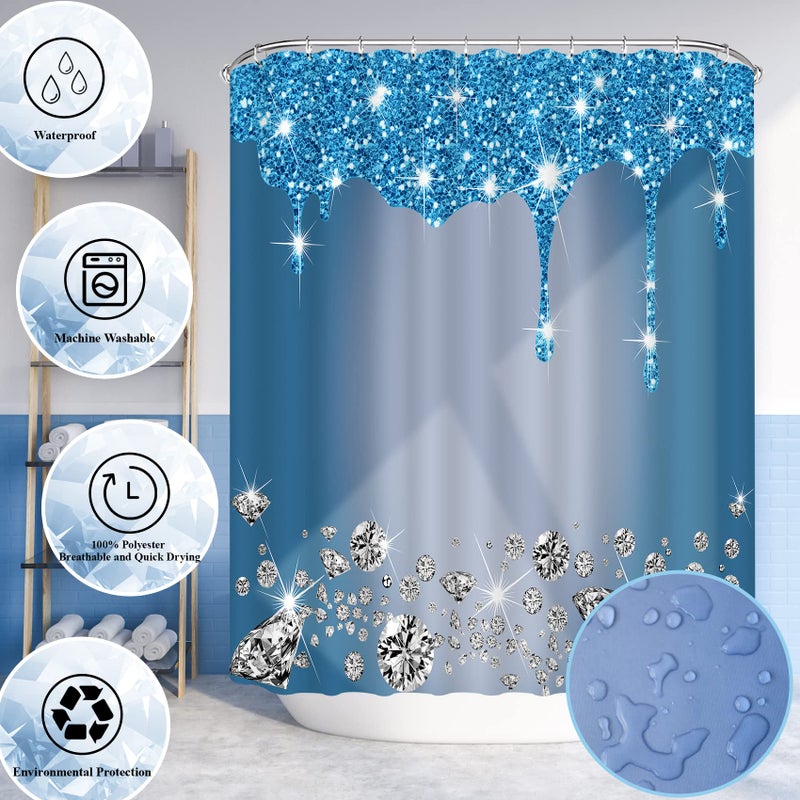 Hadint 4 Pcs Glitter Diamond Shower Curtain Sets, Blue Shiny Drips Bath Decor with Rugs and Toilet Lid Cover, Fresh Color Luxury Texture Elegant Sequin Bling Modern Bathroom Curtain with 12 Hooks, 72 x 72 in - Image 5