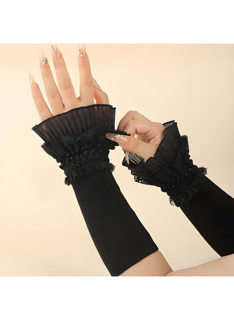 خاجول أكمام مزيفة سوداء بتصميم دانتيل مزدوج الطبقاتكفات يد أنيقة على شكل جرس مع وظيفة تدفئة المعصم - لمسات أنثوية رقيقة للنساء - Image 4