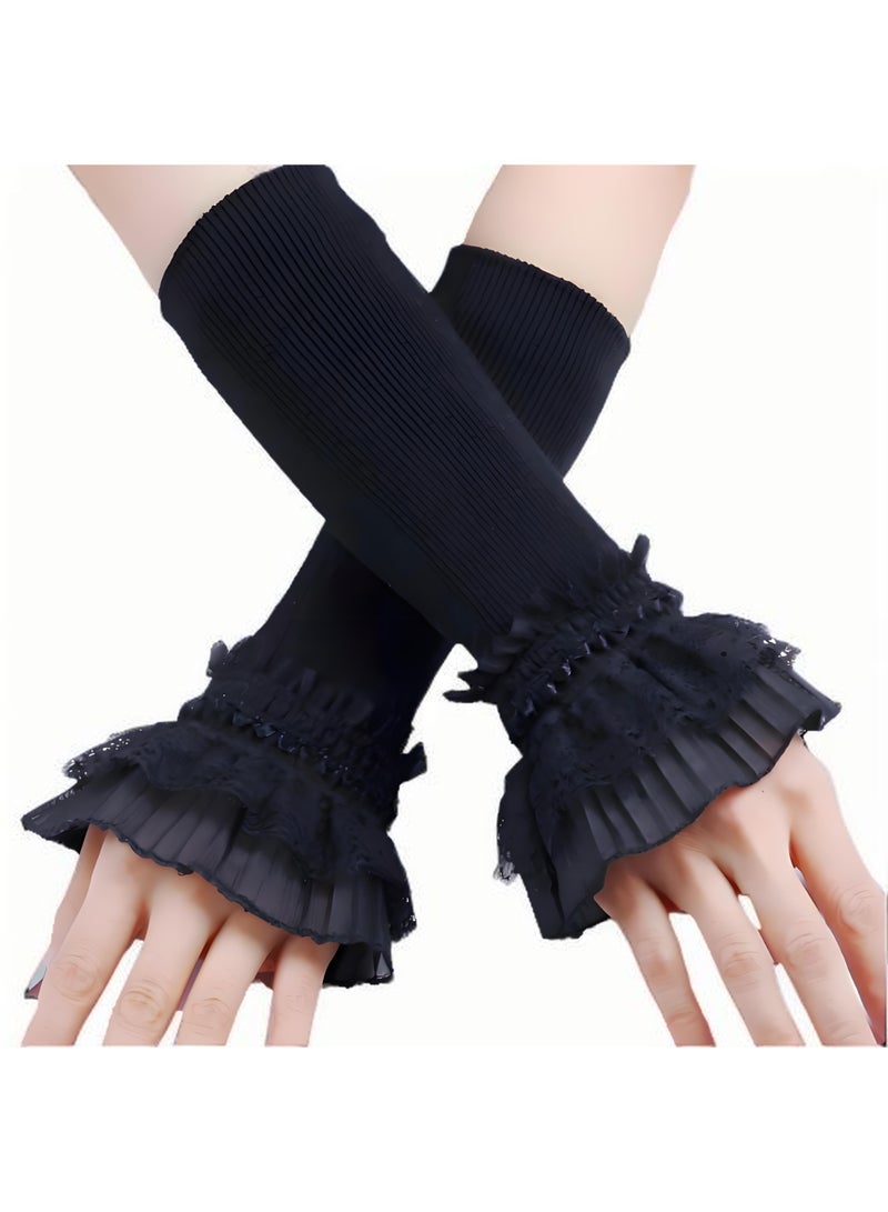 خاجول أكمام مزيفة سوداء بتصميم دانتيل مزدوج الطبقاتكفات يد أنيقة على شكل جرس مع وظيفة تدفئة المعصم - لمسات أنثوية رقيقة للنساء - Image 1