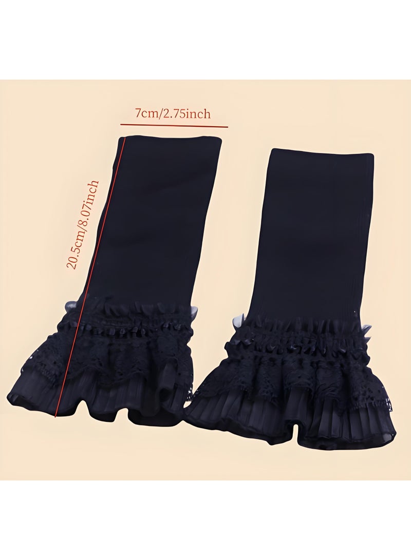 خاجول أكمام مزيفة سوداء بتصميم دانتيل مزدوج الطبقاتكفات يد أنيقة على شكل جرس مع وظيفة تدفئة المعصم - لمسات أنثوية رقيقة للنساء - Image 2