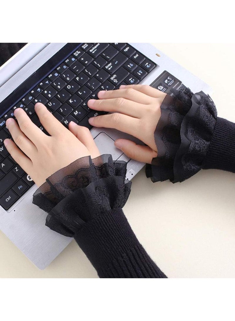 خاجول أكمام مزيفة سوداء بتصميم دانتيل مزدوج الطبقاتكفات يد أنيقة على شكل جرس مع وظيفة تدفئة المعصم - لمسات أنثوية رقيقة للنساء - Image 3