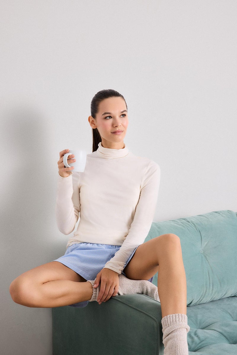 DeFacto Beige Woman Fall in Love Modal Cashmere Soft Textured Turtleneck Top Casual - Image 1